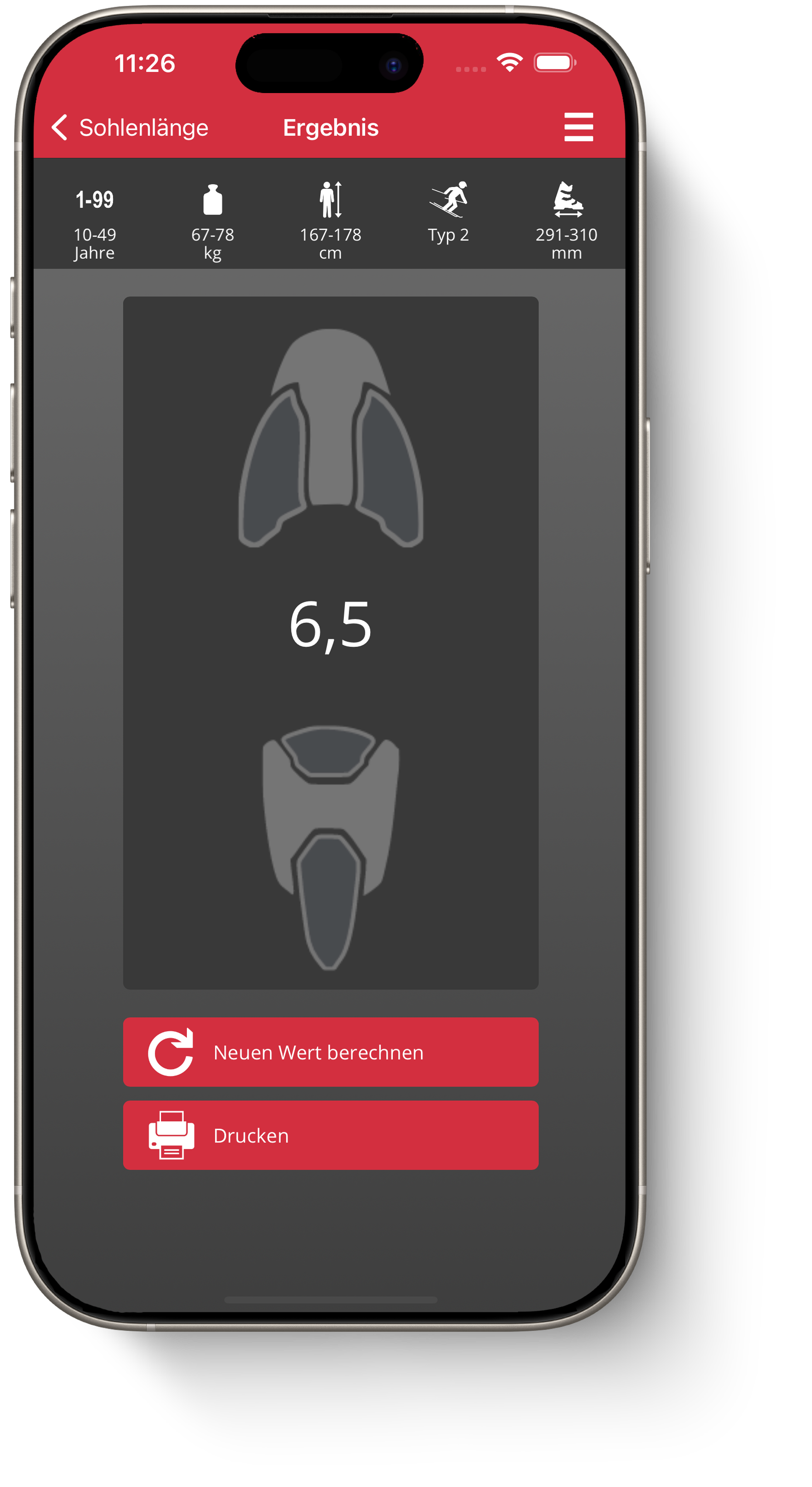 Screenshot der mobilen App Z-Value von Rentmaxx zur Berechnung der Ausgangseinstellzahl bei der Bindungseinstellung.